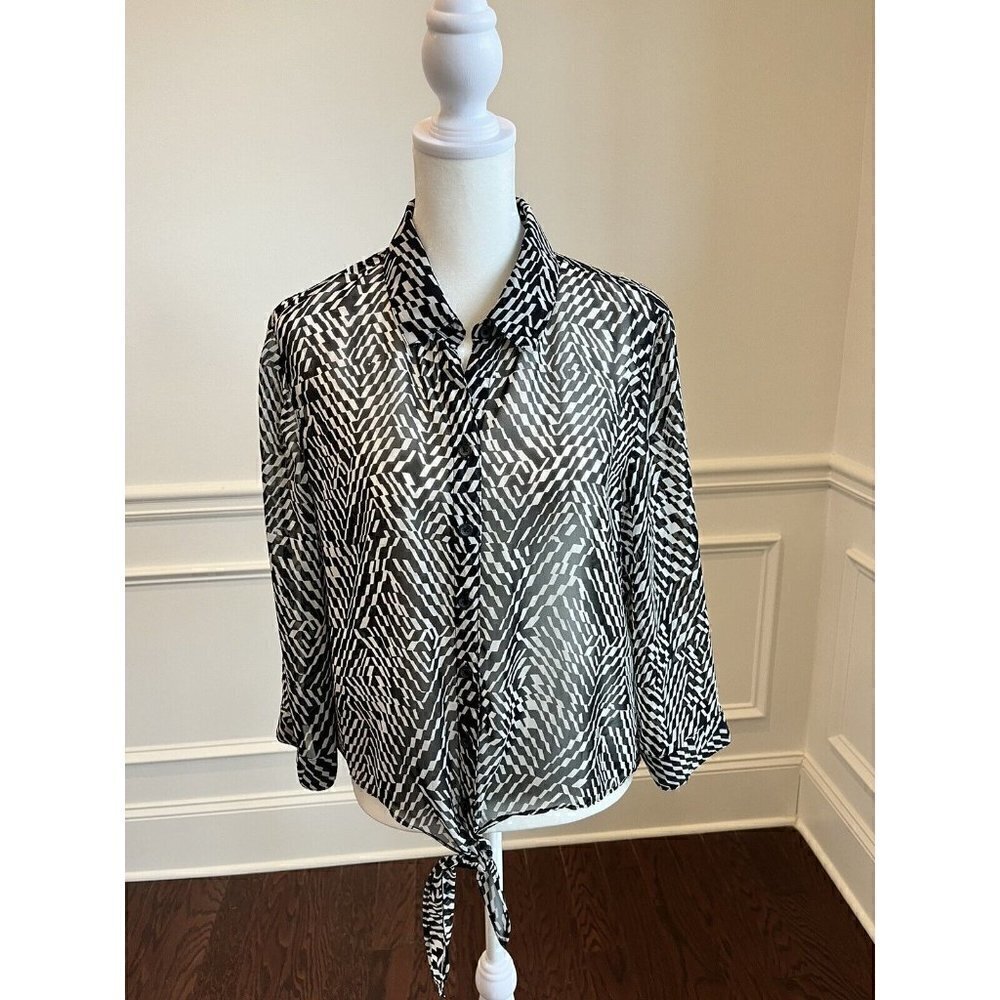 Chicos Women's Sz 0 XS Black White Button Up Sheer Tie Long Sleeve Collar Winter